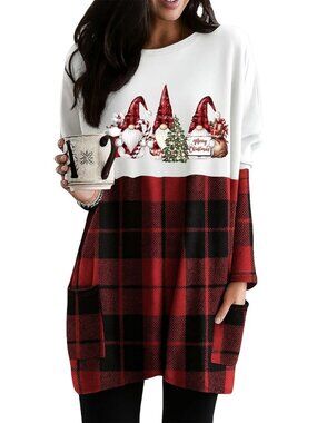 Cozy Long Sleeve Plaid Christmas Dress with Pockets - Casual Holiday Style